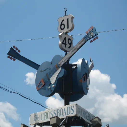 Robert Johnson played music and died on this corner sign — Greenwood, USA